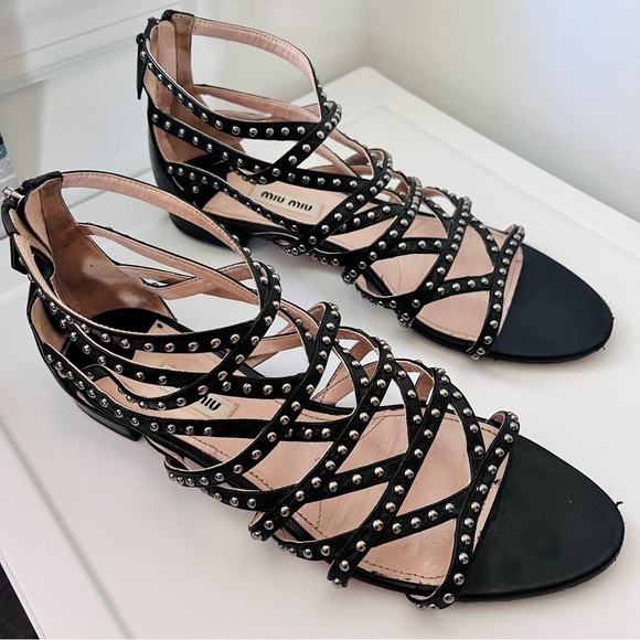 Miu Miu Black Leather Studded Gladiator Flat Sandals - Picture 4 of 12